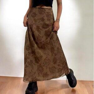 NWT Maxi Skirt Sz.M Brown Floral Mesh Side Zip A-Line Fairy Grunge Y2K 90s Boho